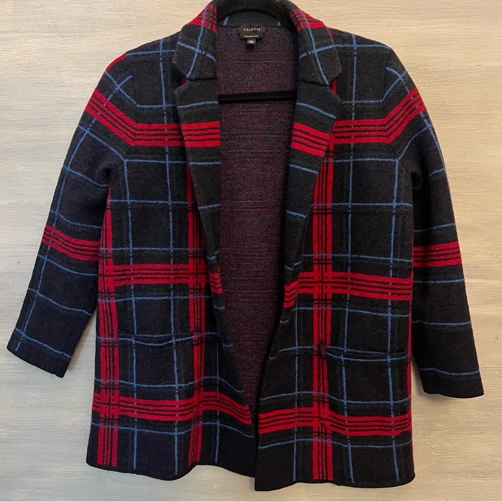 Talbots Pure Merino Wool Blue Red Plaid Blazer Jacket Size XL GC‎